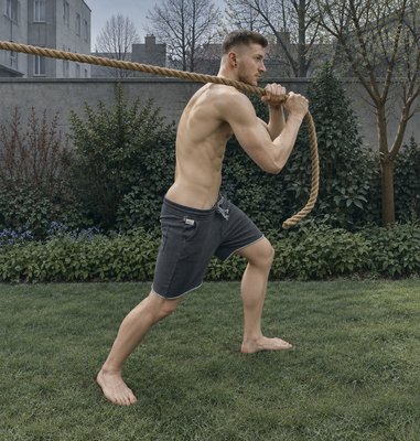 a shirtless man holding a rope in a yard