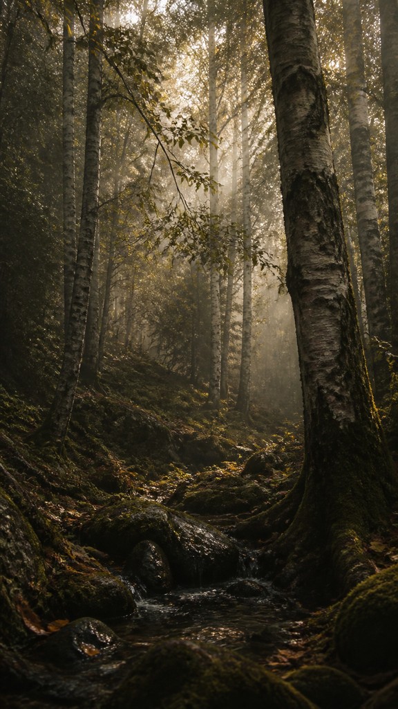 a serene birch forest in soft morning light, no people, no text