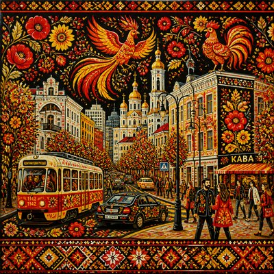 urban street with city activity — Ukrainian Art Style