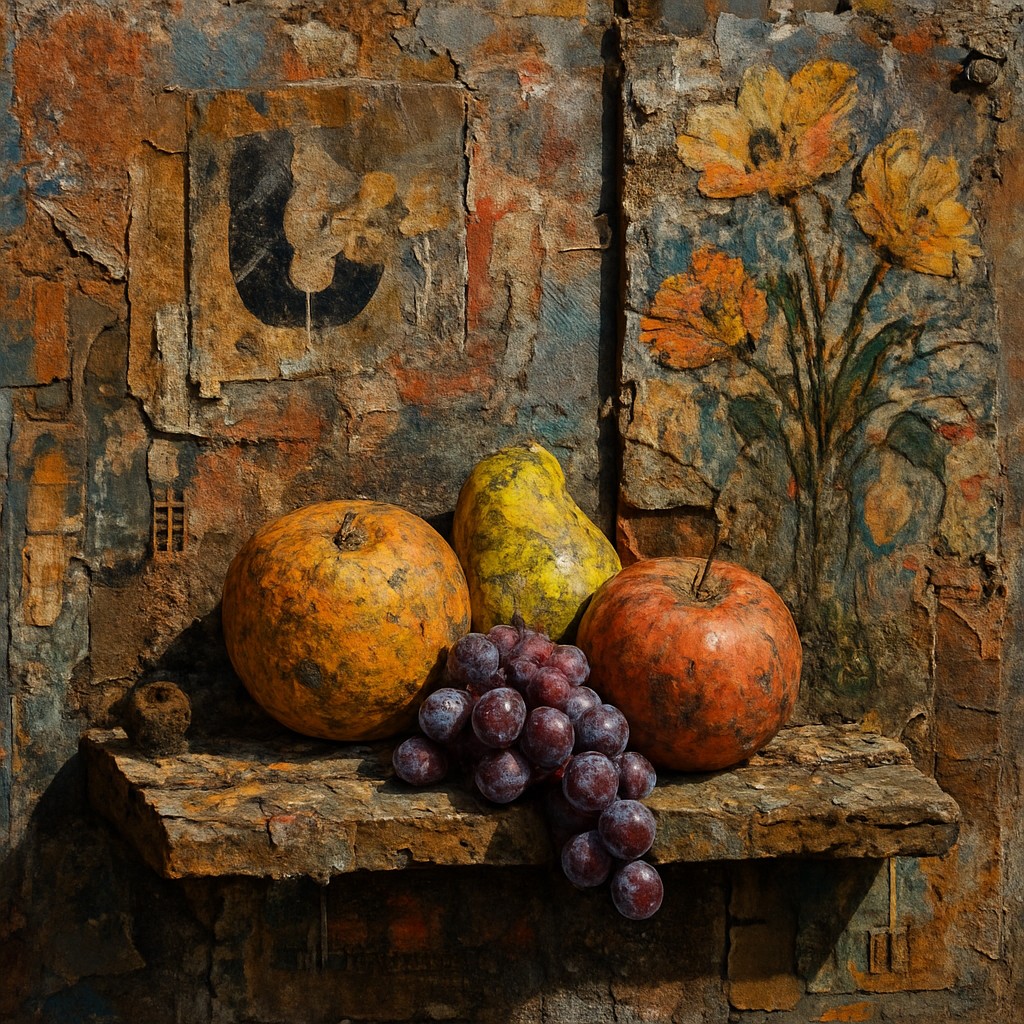 still life arrangement of fruits and flowers