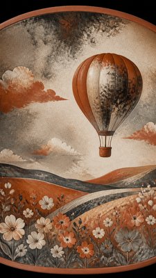 a hot air balloon drifting over rolling flower fields on a sunny day, cheerful, no text