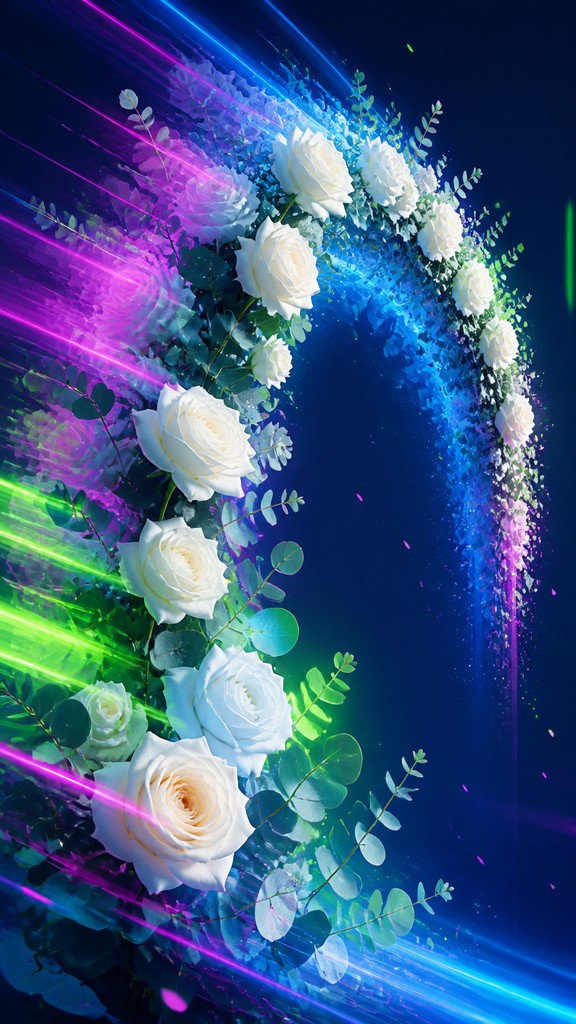 an arch of white roses and eucalyptus in soft morning light, elegant vertical composition with open space, no text
