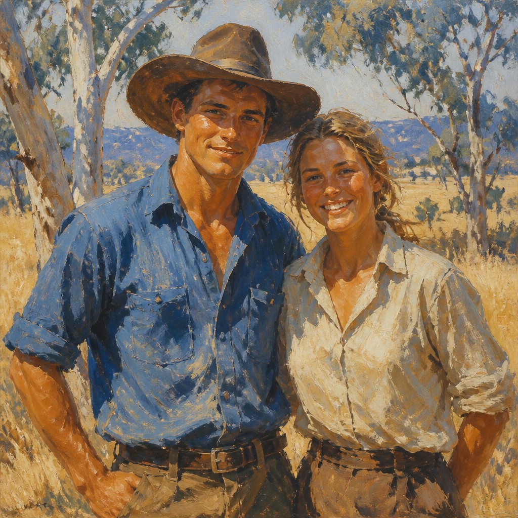 portrait of two people together — Heidelberg School Art Style