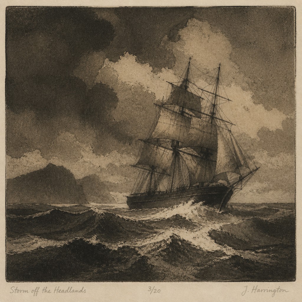 sailing ship on a stormy sea — Aquatint Print Style