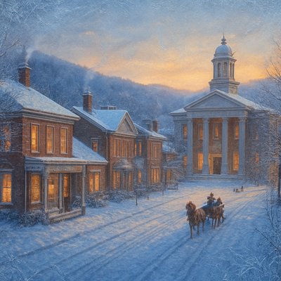 A breathtaking, highly detailed landscape and architectural illustration of historic Jonesborough, Tennessee, Appalachia, blanketed in fresh, pristine snow. The scene captures the charm of a 'Winter Wonderland' during the golden hour just before sunset. Focus on the main street (possibly Main Street or College Street) lined with preserved 18th and 19th-century Federal and Greek Revival style architecture, such as the Chester Inn or historic courthouse.

The buildings have warm, glowing lights spilling from their windows, creating a cozy contrast with the blue tones of the snow and dusk sky. Snow-dusted, bare deciduous trees frame the street. Include subtle details like a horse-drawn sleigh, tracks in the snow, and a thin wisp of smoke curling from chimneys. The style should be evocative, highly realistic, and painterly, capturing the quiet, historic ambiance of America's oldest town in Tennessee. Use a slightly elevated perspective to showcase the depth of the street and the surrounding Appalachian hillsides.