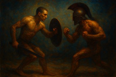 a painting of two men fighting with each other