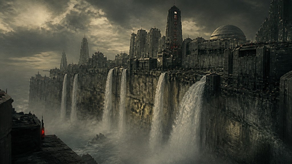 a cliffside city with waterfalls cascading into a misty canyon, wide establishing shot, no people, no text