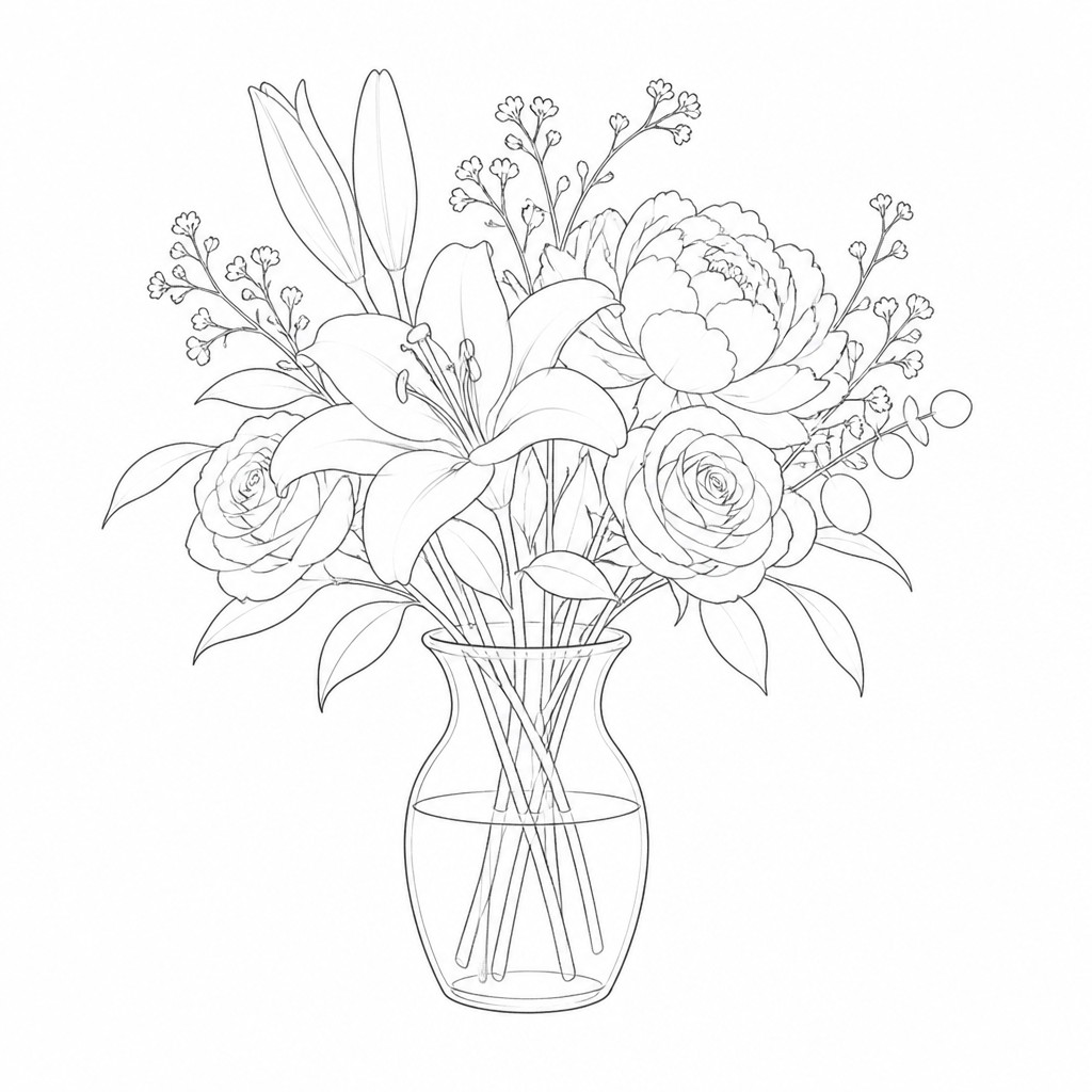bouquet of flowers in a glass vase — Contour Line Drawing Style
