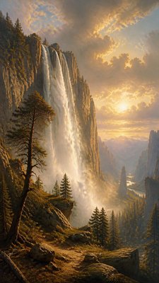 towering waterfall cascading down a cliff