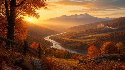a vast valley with a river winding toward distant mountains at sunrise, no people, no text