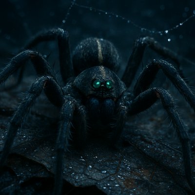 A massive Carolina wolf spider crouched on moonlit leaf litter at midnight, glossy charcoal body with subtle cream lance markings, eight reflective eyes glowing emerald from a flashlight beam, long hairy legs poised to strike, dewdrops on silk threads, hyper-realistic macro photography,