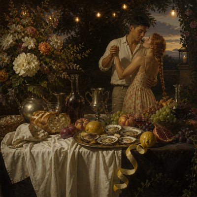 an original couple dancing under string lights in a garden at dusk: a man with short black hair in a linen shirt and a woman with braided red hair in a summer dress