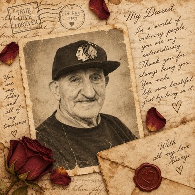 an old photo of a man with a hat and a rose