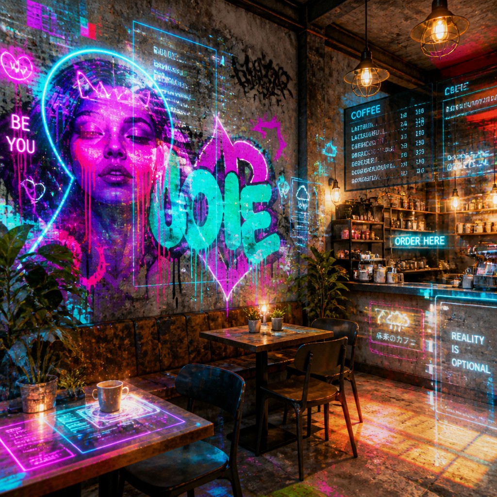 cozy cafe interior with warm lighting