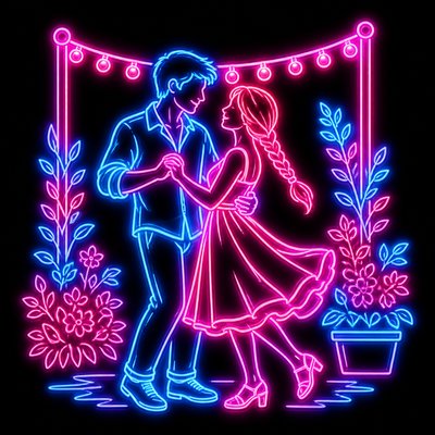 an original couple dancing under string lights in a garden at dusk: a man with short black hair in a linen shirt and a woman with braided red hair in a summer dress