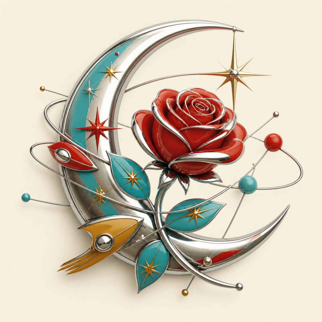 a rose entwined with a crescent moon, clean balanced composition on a plain background, no text