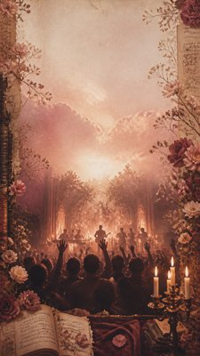 a live music scene with a glowing stage and silhouetted crowd, energetic vertical composition with open space at the top, no text