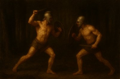 a painting of two men with helmets and swords