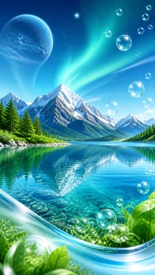 a tranquil mountain lake beneath a starry night sky, no people, no text
