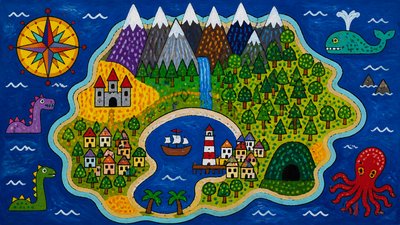 a map of an island realm with mountains, forests, a sheltered bay, sea monsters in the water and a compass rose, no text labels