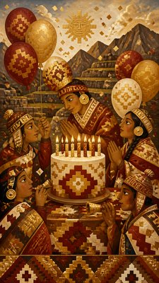 a birthday cake with lit candles surrounded by balloons and confetti, festive vertical composition, no text