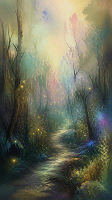 a mysterious forest path with fireflies and drifting mist, atmospheric vertical composition with open space at the top, no text