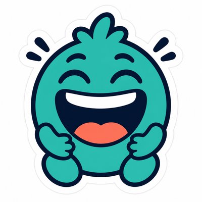 an exaggerated laughing face of an original round mascot character, bold and readable at small size, plain background, no text