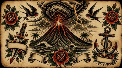 an erupting volcano with lightning strikes, dramatic wide composition, no text