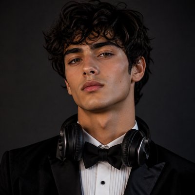 head-and-shoulders portrait of an original character: a young man with curly dark hair and headphones around his neck, plain backdrop, no text