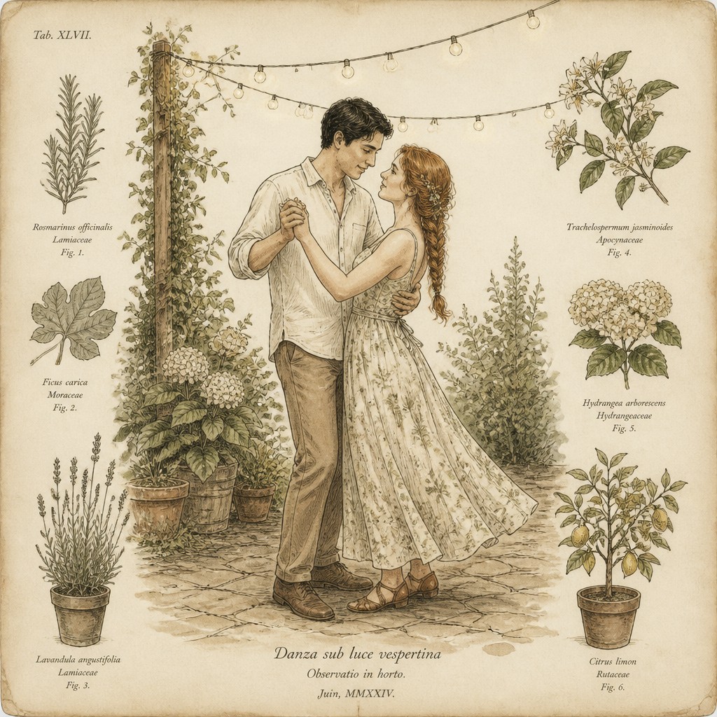 an original couple dancing under string lights in a garden at dusk: a man with short black hair in a linen shirt and a woman with braided red hair in a summer dress