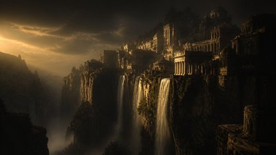 a cliffside city with waterfalls cascading into a misty canyon, wide establishing shot, no people, no text