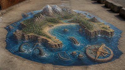 a map of an island realm with mountains, forests, a sheltered bay, sea monsters in the water and a compass rose, no text labels