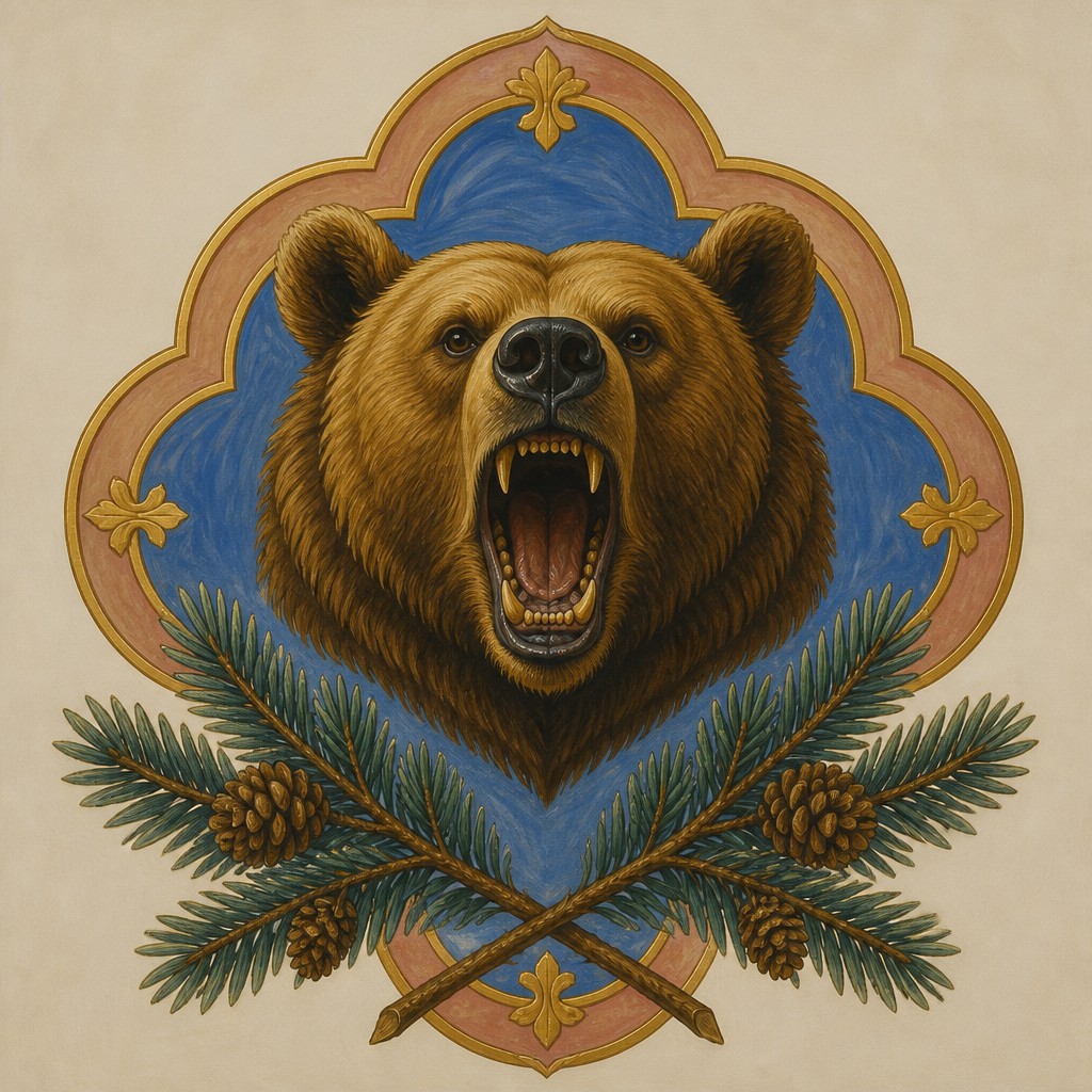 a roaring bear head above crossed pine branches, bold graphic composition on a plain background, no text