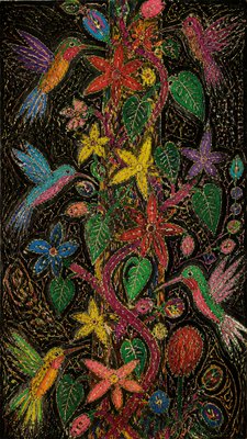 a climbing vine of flowers and hummingbirds on a dark background, tall wrapping composition, no text