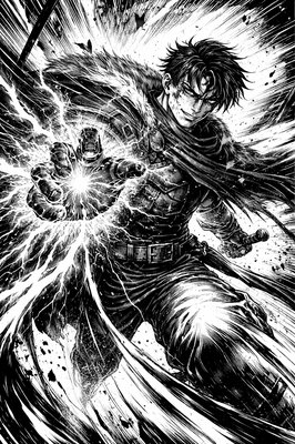 a black and white drawing of a man holding a sword