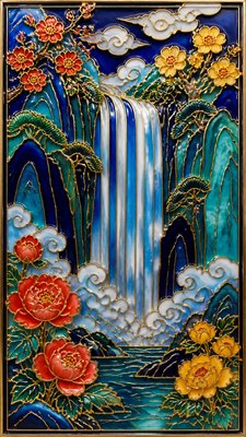 towering waterfall cascading down a cliff