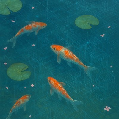 A koi pond seen from above, orange and white koi fish swimming among lily pads, clear water with subtle ripples, fallen cherry blossom petals floating on the surface, dappled sunlight