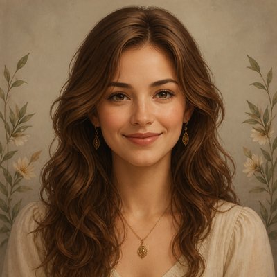 head-and-shoulders portrait of an original character: a young woman with wavy chestnut hair and a warm smile, plain soft backdrop