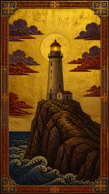 a lone lighthouse on a cliff at dusk under a dramatic sky, no text or lettering
