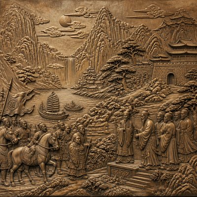 wide landscape with natural scenery — Relief Carving Sculpture Style