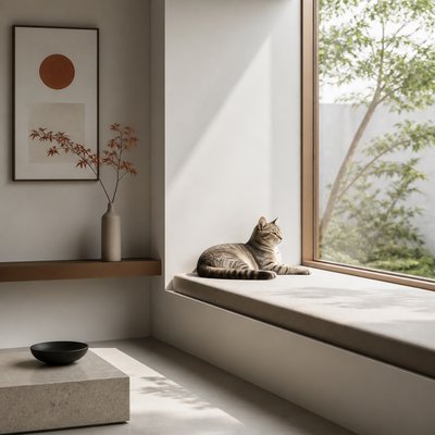 a cat lounging in a sunlit window