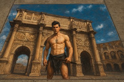 a painting of a man holding a sword