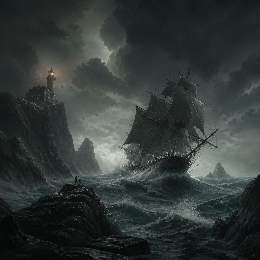 sailing ship on a stormy sea — Concept Art Style