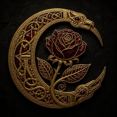 a rose entwined with a crescent moon, clean balanced composition on a plain background, no text