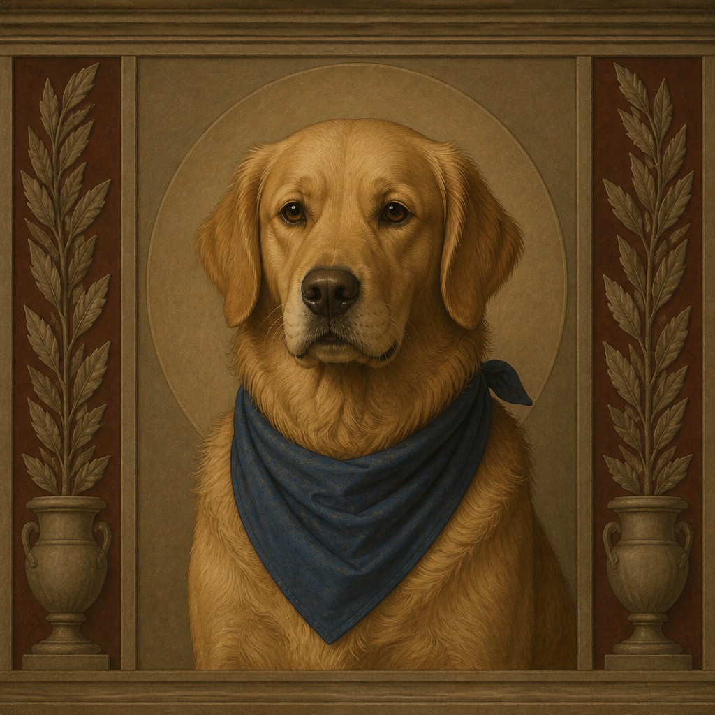 portrait of a golden retriever wearing a blue bandana, warm plain backdrop, no text