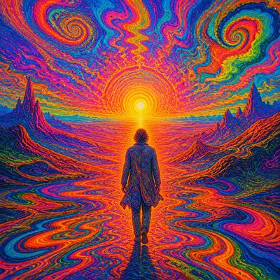 a solitary figure walking toward a glowing horizon across an empty plain, moody atmosphere, no text or lettering