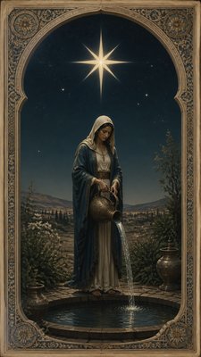 a robed figure pouring water beneath a large eight-pointed star in a night sky, symmetrical composition with an ornate decorative border, no text