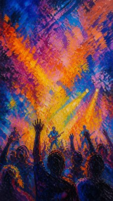 a live music scene with a glowing stage and silhouetted crowd, energetic vertical composition with open space at the top, no text