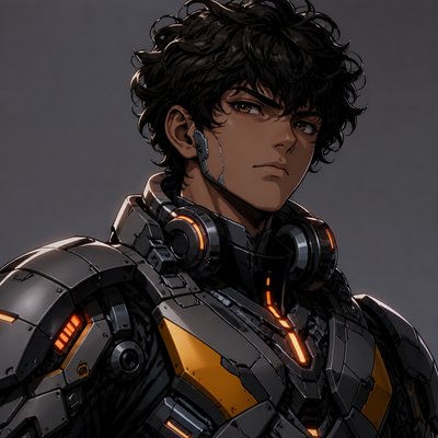 head-and-shoulders portrait of an original character: a young man with curly dark hair and headphones around his neck, plain backdrop, no text