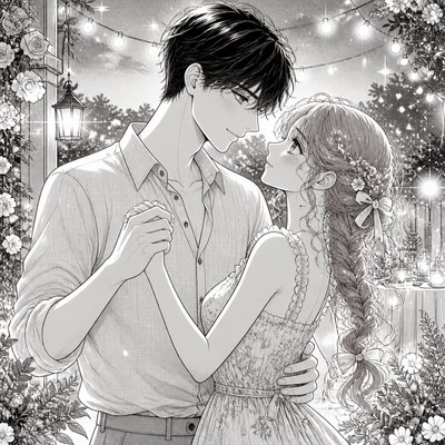 an original couple dancing under string lights in a garden at dusk: a man with short black hair in a linen shirt and a woman with braided red hair in a summer dress